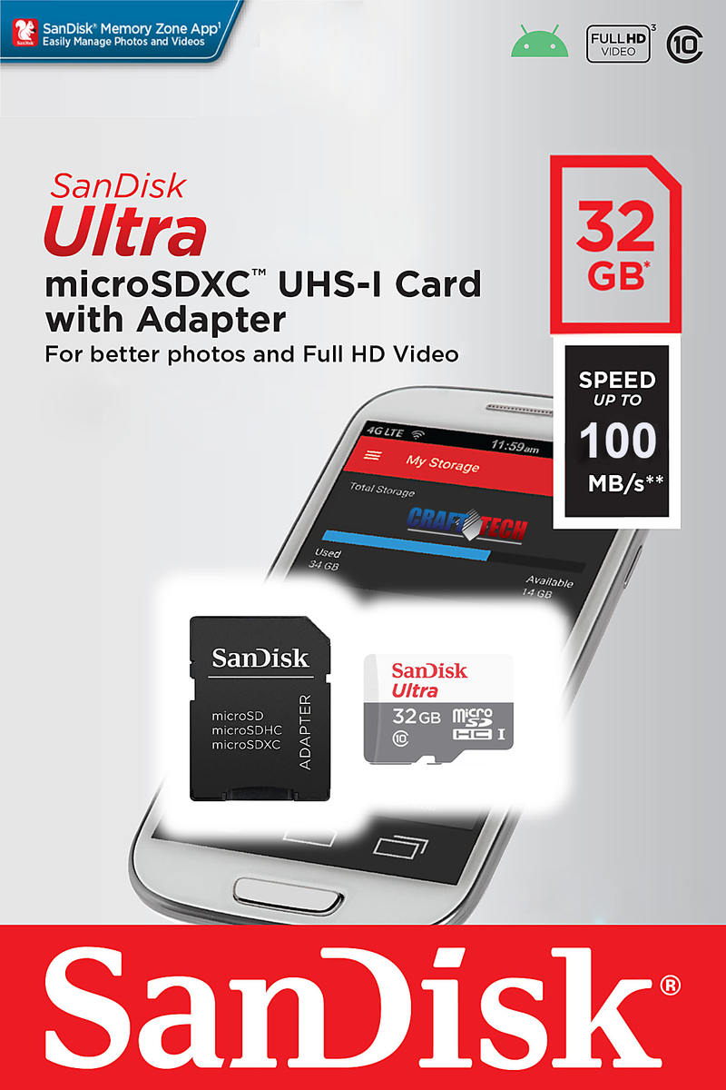 SanDisk Ultra microSDXC 32GB 100MB/s UHS-I Memory Car with Adapter